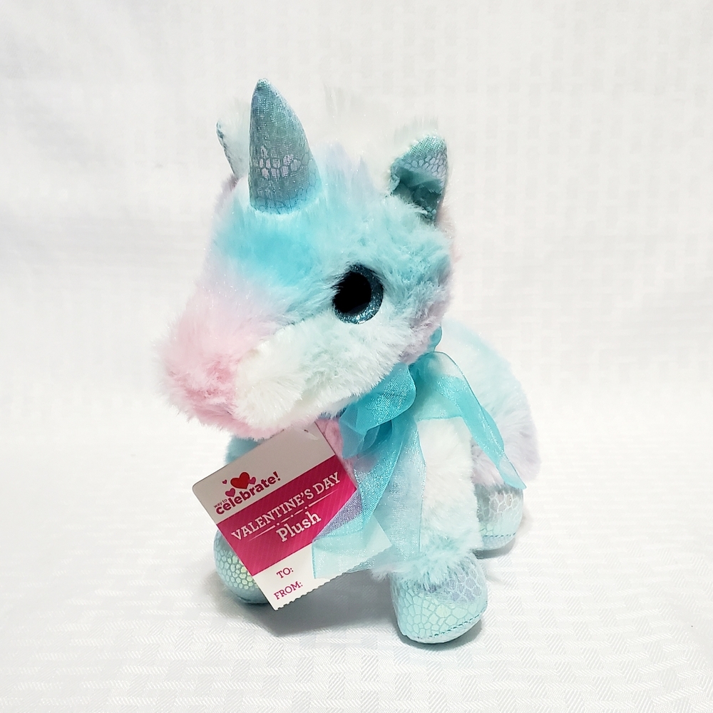 MTY Big Blue Sparkle Eyes Cotton Candy Color Unicorn 7" Plush Stuffed Toy.